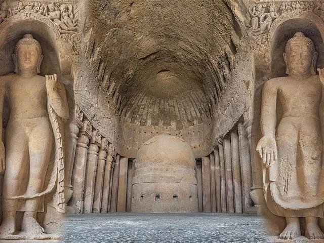 Ancient stone carvings inside the historic Elephanta Caves