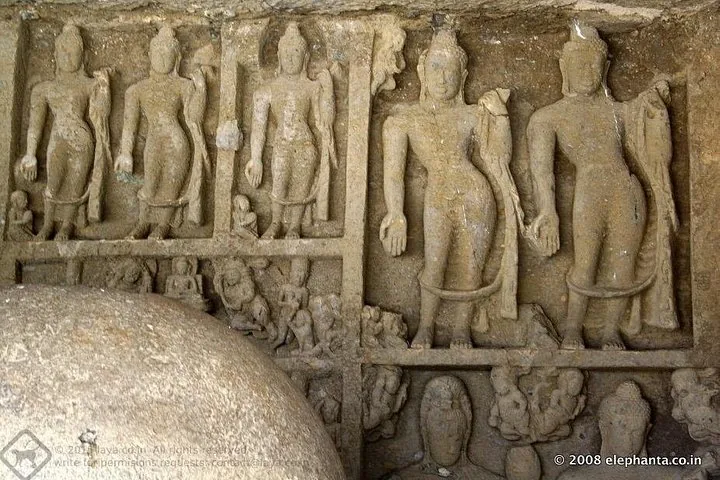 Intricate ancient stone carvings at the Elephanta Caves