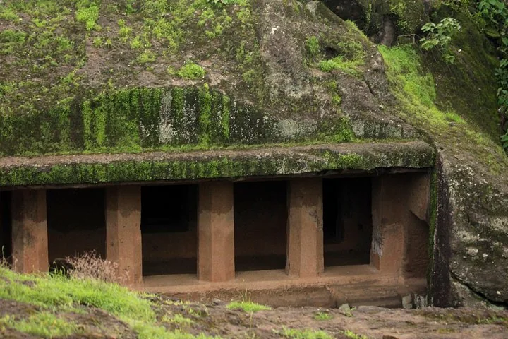 Exterior view of a rock-cut cave structure covered in moss